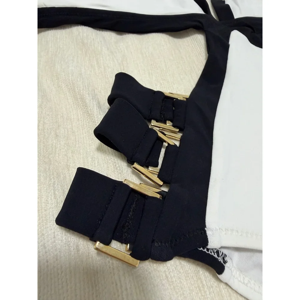 MOEVA LONDON‎ White Black Halter One Piece Swimsuit Buckle Cutout Size S